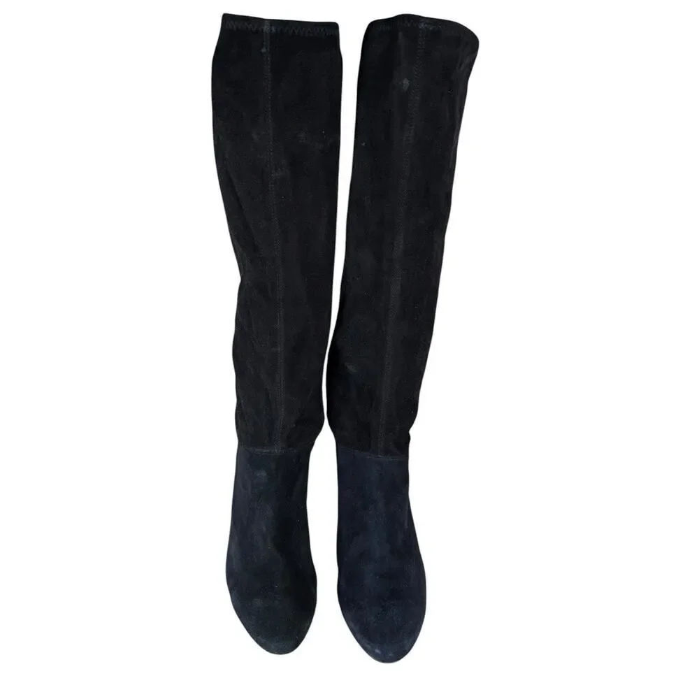 Coach Black Suede Knee High Heeled Boots 8.5B Pull-On Block Heel